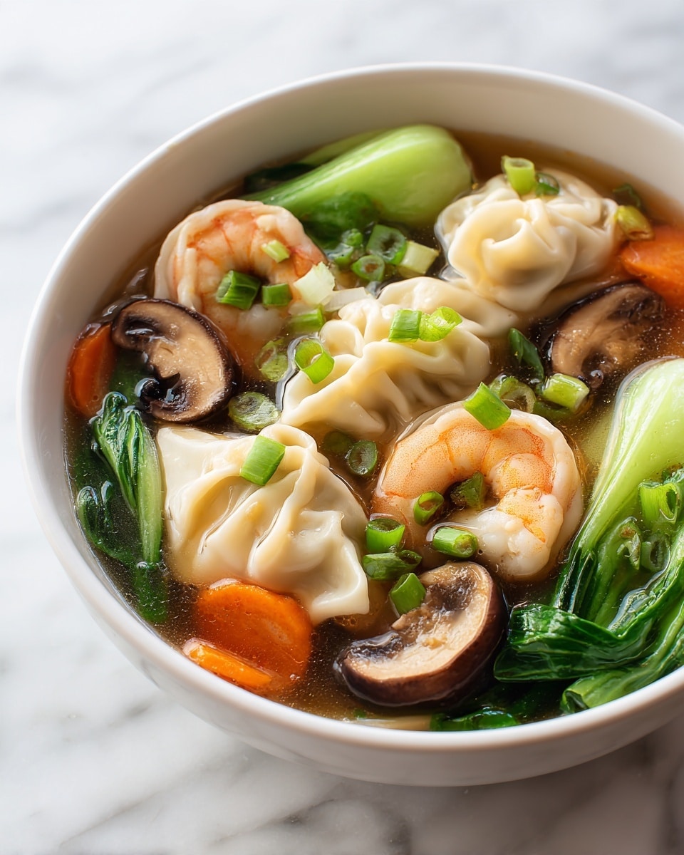 The image shows a light soup filled with layers of soft white dumplings, each with a crinkled edge, floating alongside pink shrimp with their curves visible. There are thin orange carrot slices softly placed in the soup and small green pieces of sliced green onion sprinkled on top of the dumplings. Shiny brown mushroom slices add texture around the soup, mixed with bright green bok choy leaves partially submerged in the clear broth. The soup is served in a white bowl on a white marbled surface. Photo taken with an iphone --ar 4:5 --v 7