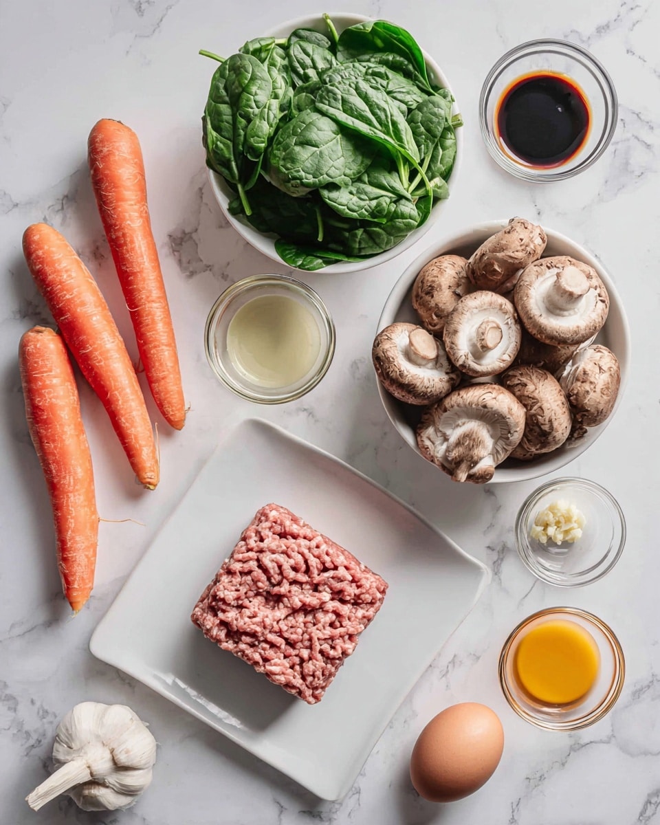 The image shows several fresh ingredients arranged on a white marbled surface. At the center, there is a square block of raw ground meat placed on a white plate. To the left, there are two whole carrots lying side by side, and above them, a white bowl filled with fresh green spinach leaves. On the right side, there is a white bowl holding a bunch of brown mushrooms with stems. Scattered around are small glass bowls containing different liquids: a dark brown sauce, a light yellow liquid, a clear liquid, and a small amount of minced garlic cloves nearby. An egg is positioned near the mushrooms, completing the ingredients. Photo taken with an iphone --ar 4:5 --v 7