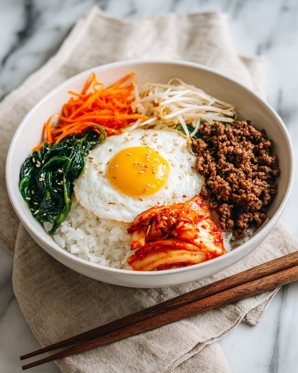 A white bowl filled with layers starting at the bottom with white steamed rice. On top of the rice, there is a layer of brown cooked ground meat on one side. Around the edges, different toppings form distinct sections: bright orange carrot sticks, white bean sprouts, dark green cooked spinach, and red-orange kimchi with a glossy texture. In the center, there is a shiny, cooked sunny-side-up egg with a bright yellow yolk and white edges. The bowl sits on a beige cloth over a white marbled surface, and a pair of wooden chopsticks rests beside it. photo taken with an iphone --ar 4:5 --v 7