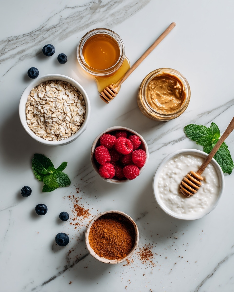 The image shows a white marbled surface with six main items arranged neatly. On the left, there is a small white bowl filled with light beige rolled oats. Above it, a glass jar holds light brown peanut butter with a smooth surface. At the top center, there is a small clear glass jar filled with golden honey and a wooden stick lying beside it. To the right, a white bowl holds bright red raspberries, with one raspberry placed outside the bowl nearby. Toward the bottom center is a white bowl filled with a reddish-brown powder, likely cinnamon. On the bottom right, a small white bowl contains white yogurt with a honey dipper resting on top. Scattered green mint leaves and a few dark blue blueberries add color between the bowls. Photo taken with an iphone --ar 4:5 --v 7