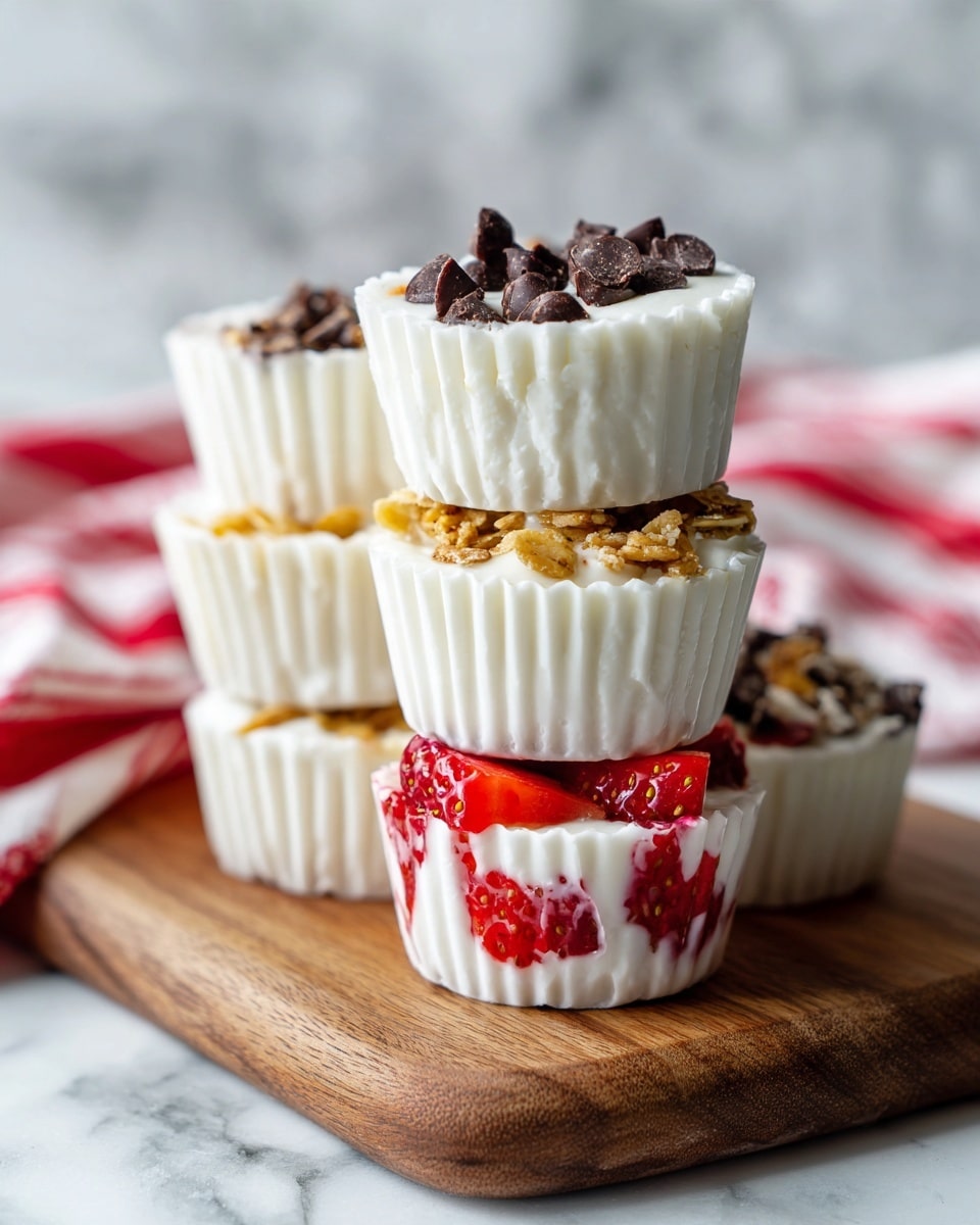 The image shows five small frozen yogurt cups stacked and placed on a wooden board with a white marbled background. Each cup has a white yogurt layer with visible textures from the mix-ins. The front cup has red pieces of strawberries spread evenly inside the white yogurt. Behind it, two cups are stacked; the top one has dark brown chocolate chips on the white yogurt layer, and the bottom one has a crunchy golden granola layer. Two cups at the back also have granola and some dark pieces on top. A red and white striped cloth is partially visible on the left side. The overall look is fresh and colorful, with a soft texture and clean white paper liners. Photo taken with an iphone --ar 4:5 --v 7
