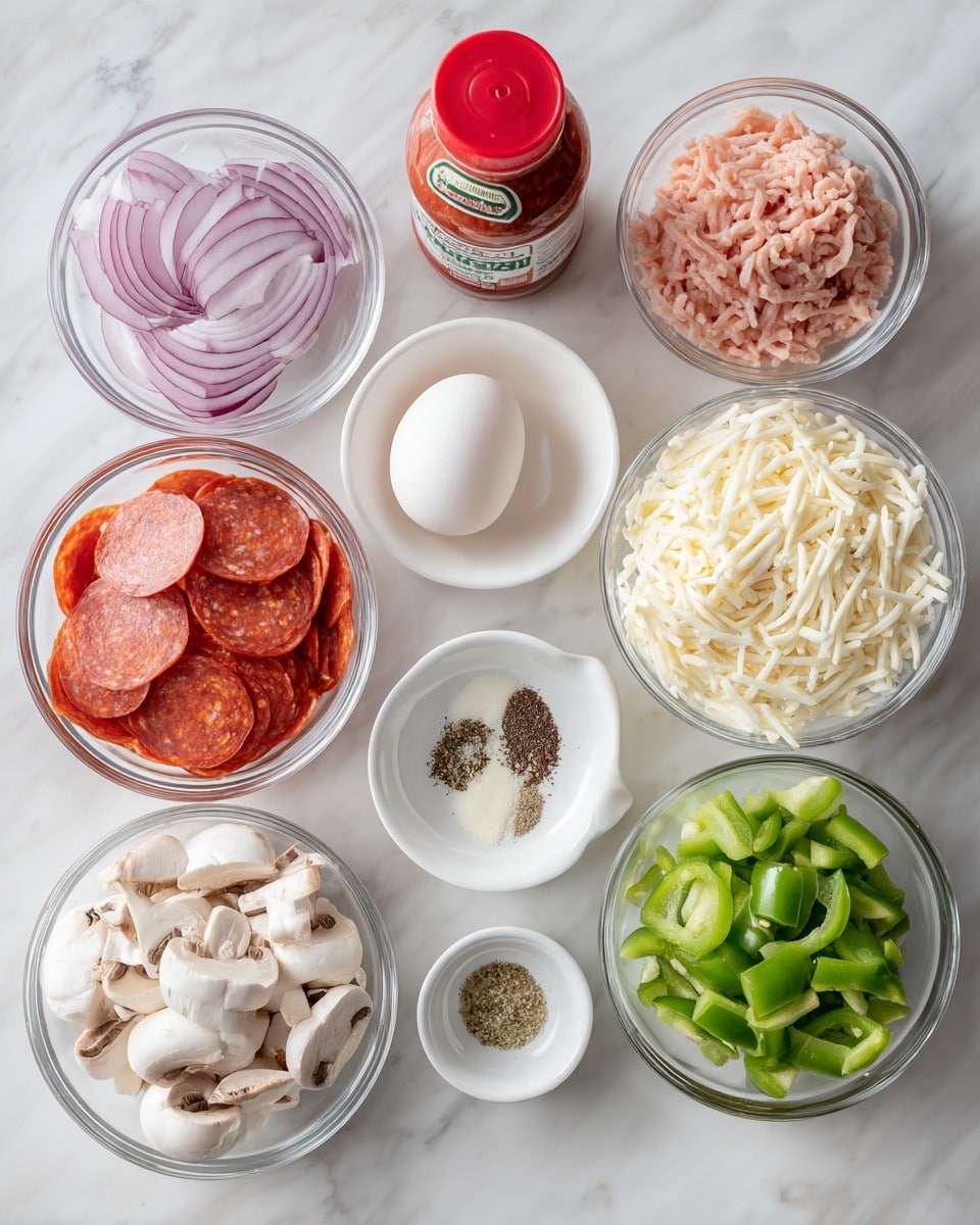 The image shows various ingredients arranged neatly on a white marbled surface. Starting from the top left, there is a small clear bowl filled with slices of red onion, next to it on the right is a container of pink ground chicken meat. Below the onions is a clear bowl full of shredded white mozzarella cheese. To the right of the cheese is a single white egg. Below the egg are two small white dishes, one with black pepper and the other with a light green Italian seasoning. Below the shredded mozzarella is a small clear bowl filled with sliced white mushrooms, and to the left of the mushrooms a small clear bowl with chopped green bell peppers. On the far left side is a pack of sliced turkey pepperoni with a clear plastic top, and in the center is a bottle of red tomato pizza sauce with a red cap. Everything is displayed on a white marbled surface with soft, natural lighting. photo taken with an iphone --ar 4:5 --v 7