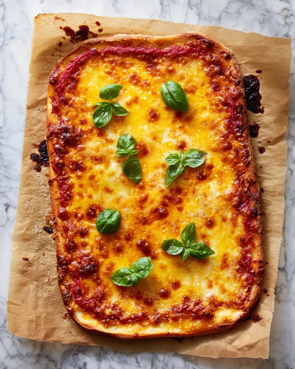 A rectangular pizza with a thin crust that is light brown and slightly crispy around the edges. The first layer is a bright red tomato sauce spread evenly over the crust. On top of this is a melted layer of yellow-orange cheese, covering the pizza fully with some bubbling and light browning. Five green basil leaves are placed on the cheese layer, spread out evenly. The pizza rests on brown parchment paper with some small spots of dark baked cheese. The background shows a white marbled surface. photo taken with an iphone --ar 4:5 --v 7