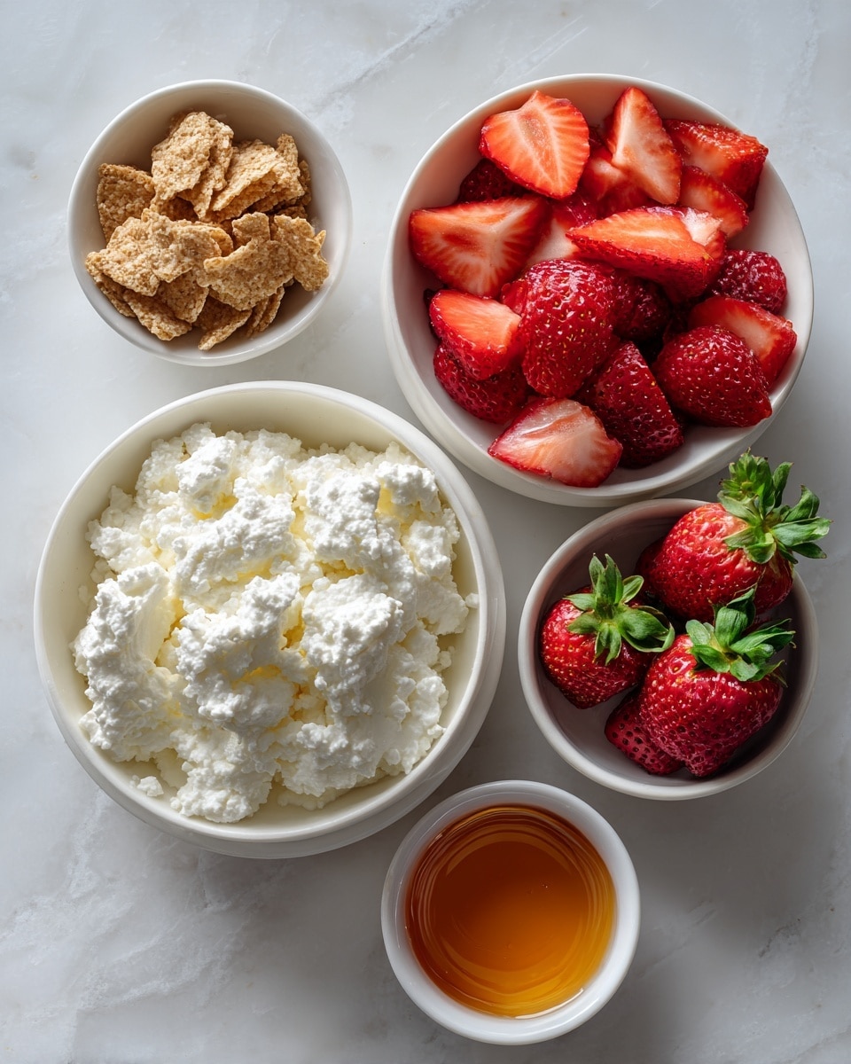 Five white bowls are placed on a white marbled surface. The biggest bowl in the center holds white, soft cottage cheese with a fluffy texture. To the right, a bowl is filled with sliced, bright red strawberries, each piece showing its juicy interior. Below that, another bowl holds whole fresh strawberries with green leaves attached. To the left of the cottage cheese, a bowl contains small, crunchy pieces of brown cereal or crumbled biscuits. Below it, a small bowl is filled with smooth, amber-colored honey. The light is natural and soft, creating a clean, fresh look. photo taken with an iphone --ar 4:5 --v 7