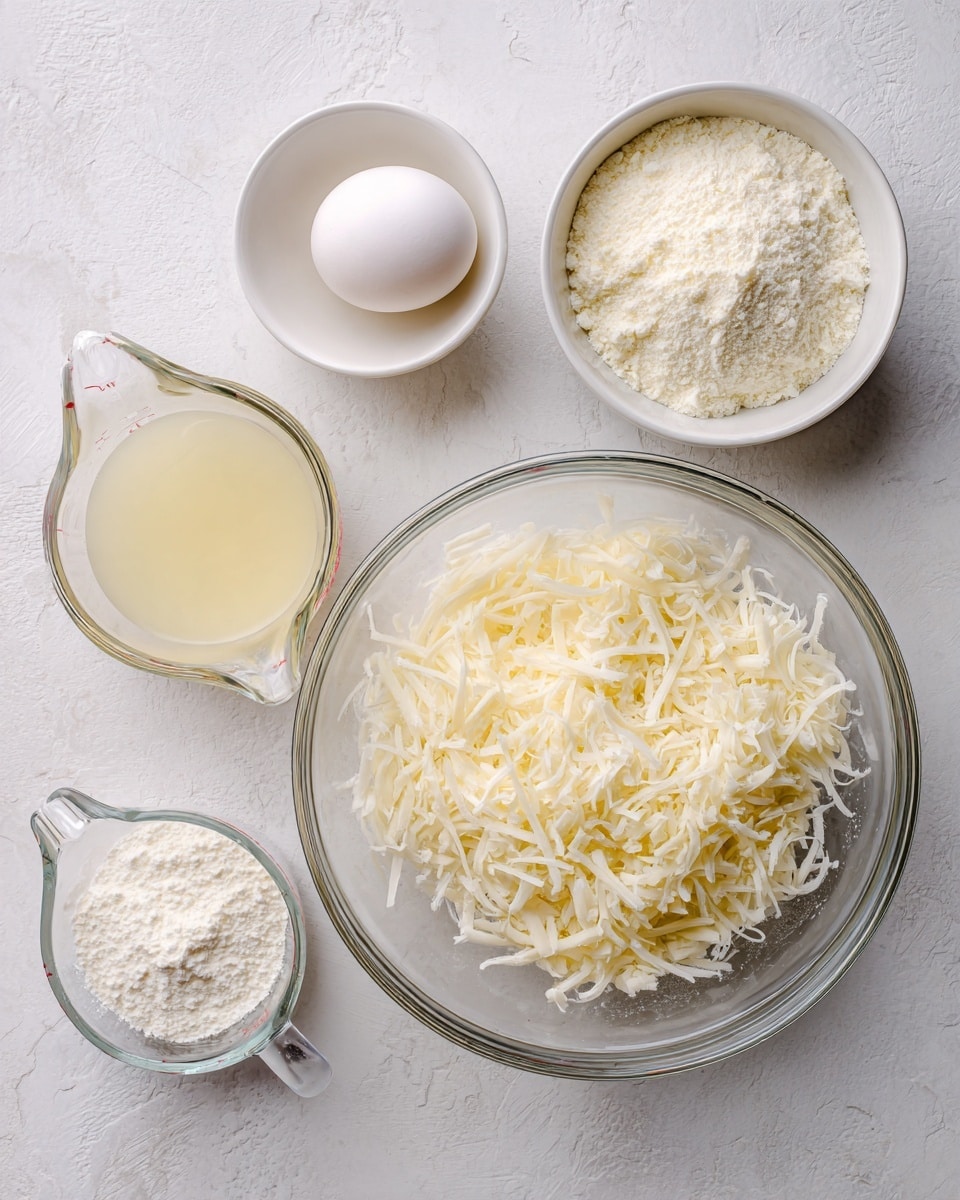 A white marbled surface holds several clear and white containers with ingredients arranged neatly. The largest clear glass bowl contains light beige shredded pieces mixed with white strands. To its upper right, a small white bowl is filled with finely chopped white onion. To the left, a small clear glass bowl holds a single white egg. Below, a clear glass measuring cup is filled with pale yellow liquid, and to the far left, a white measuring cup contains a white powdery substance. The arrangement is simple and clean, with each item clearly separated on the surface. Photo taken with an iphone --ar 4:5 --v 7