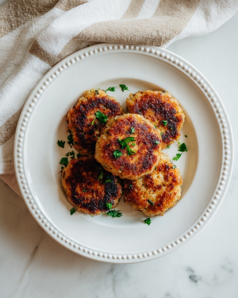 The image shows a white plate with a beaded edge filled with four golden-brown patties that have a slightly rough texture and some darker browned spots. The patties appear slightly thick and irregular in shape, stacked gently but spaced apart in a loose circle on the plate. There are small pieces of green herbs sprinkled evenly over the patties, adding a fresh pop of color. The plate is placed on a white marbled surface with part of a beige and white striped cloth visible at the top. The lighting is natural and soft, enhancing the warm tones of the food. photo taken with an iphone --ar 4:5 --v 7