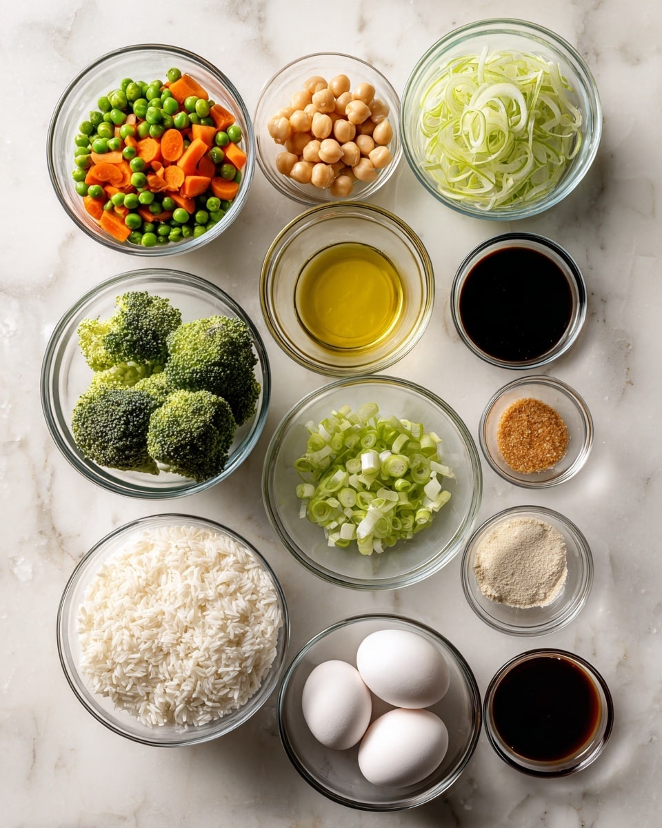 The image shows a neat arrangement of eleven clear glass bowls on a clean, white marbled surface. Starting from the top left, there is a bowl filled with small chopped green beans and orange carrots mixed with pale chickpeas, next to it is a bowl of thinly sliced light green scallions, then a bowl with light yellow oil, and lastly a bowl holding dark soy sauce. Below this top row, from left to right, a bowl contains fresh broccoli florets, followed by a bowl with sliced green onions, then a bowl with a brown sauce, and a small bowl of beige powder, likely a spice. At the bottom left side is a larger bowl filled with white cooked rice, moving right there is a bowl with two raw eggs, then a small bowl of chopped garlic, and a final bowl containing a dark sauce, likely hoisin or oyster sauce. The bowls are all clear glass, the colors inside contrast well with the white marbled surface beneath them. photo taken with an iphone --ar 4:5 --v 7