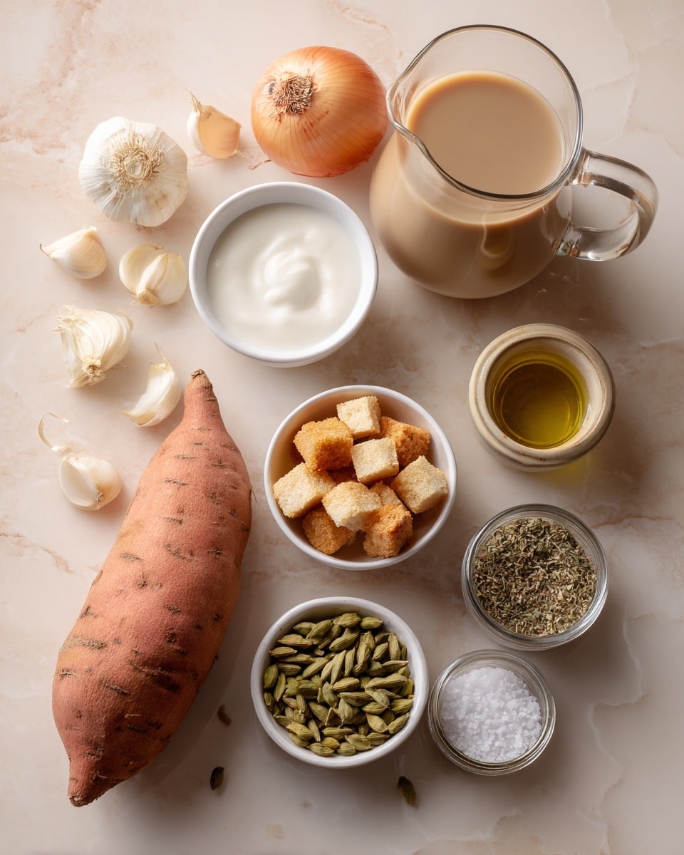 The image shows a white marble surface with various ingredients arranged neatly. There is a whole sweet potato with a textured orange skin, a small white bowl filled with white yogurt or cream, and a small white bowl with green cardamom pods. A clear glass jug holds a light brown broth or stock, while a small glass dish contains golden olive oil. Nearby, there is a whole peeled onion, a peeled clove of garlic, and a small white bowl with tan crouton-like cubes. Three small clear glass jars with spices, two with light brown and green dried herbs and one with white salt, are lined up at the bottom right. The shapes and colors are warm and natural, with soft lighting showing the textures clearly. Photo taken with an iphone --ar 4:5 --v 7