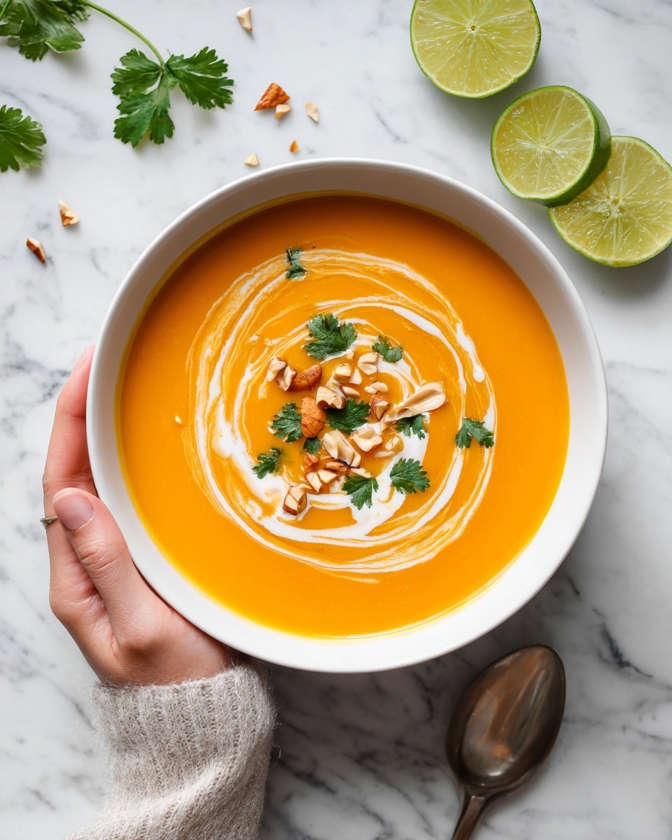 A white bowl filled with smooth orange soup sits on a white marbled surface. The soup has a swirl of cream in the middle, creating a white curved line on top. There are small green leaves and pieces of chopped nuts sprinkled over the soup. To the side of the bowl are two lime slices. A woman's hand is holding the side of the bowl. Photo taken with an iphone --ar 4:5 --v 7