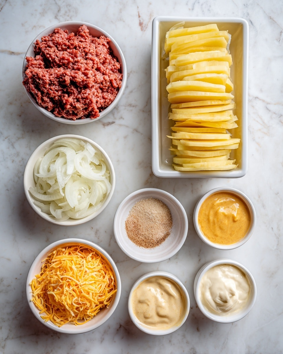 The image shows eight small white bowls and containers arranged on a white marbled surface. Starting from the top left, there is one filled with raw ground meat that is reddish-brown, next to a tall rectangular container with thin, yellow potato slices stacked neatly. Below the meat is a bowl with finely chopped white onions. To the right of the onions is a very small bowl with light brown powdered seasoning. Moving to the bottom row, on the left is a bowl with shredded orange cheese. Next to it is a small bowl with thick yellow sauce, followed by two small bowls with creamy white sauces. The bowls form a loose oval shape with clear separate layers of colors and textures. photo taken with an iphone --ar 4:5 --v 7