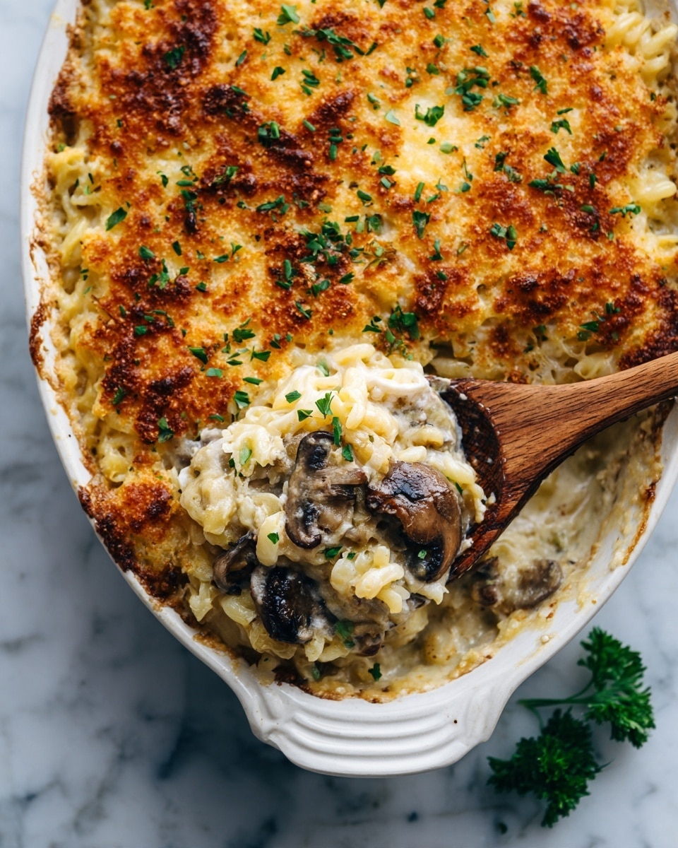 A white ceramic dish filled with a baked casserole that has a golden-brown crunchy layer on top with scattered green herbs. Below the crispy top, the casserole shows creamy pasta mixed with pieces of mushrooms and melted cheese, giving a soft texture contrast. A wooden spoon is partially lifted from the dish, holding a portion of the casserole. The dish sits on a surface with a white marbled texture, and a small piece of green parsley is placed near the bottom right corner. photo taken with an iphone --ar 4:5 --v 7