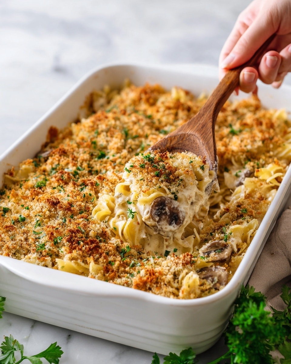 The image shows a white ceramic baking dish filled with a creamy, golden pasta casserole. The top layer is a crispy, lightly browned breadcrumb crust mixed with some green herbs. Beneath this crunchy top, you can see soft pasta mixed with bits of mushrooms and melted cheese, creating a rich and textured look. A woman's hand holding a wooden spoon is slightly scooping some casserole from the dish, showing the creamy inside and the crunchy top. The dish is placed on a white marbled surface with a touch of fresh parsley visible on one side. Photo taken with an iphone --ar 4:5 --v 7