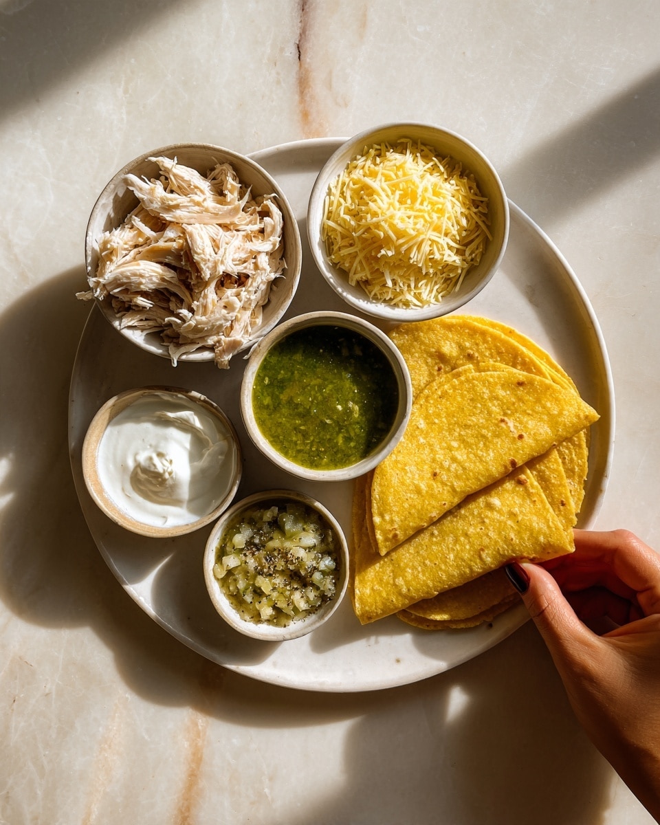 The image shows a white marbled surface with several small white bowls arranged around the right side of a white plate holding three folded yellow corn tortillas. From the top left clockwise, there is a bowl filled with shredded light beige cooked chicken, a bowl of finely grated yellow cheese, and a bowl of green salsa with a smooth texture. Below the salsa, a small white bowl contains a chunky green chili mixture. A small dollop of white sour cream sits on the bottom left of the plate. A pinch of black pepper on the plate is below the sour cream. A woman's hand is about to grab a tortilla on the right. The colors are warm yellows, green, white, and beige, seen clearly under natural light with soft shadows. Photo taken with an iphone --ar 4:5 --v 7