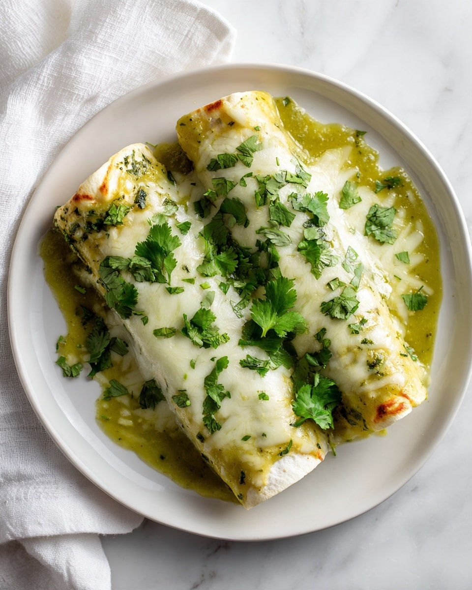 Two rolled enchiladas covered in a smooth, shiny green sauce are placed side by side on a white plate. Each enchilada is topped with melted, creamy white cheese that slightly blends with the sauce, creating a soft layer. Fresh green cilantro leaves are scattered evenly on top, adding a fresh pop of color. The edges of the plate show some sauce pooling gently around the base. The plate sits on a white marbled surface with a white cloth partially visible behind it photo taken with an iphone --ar 4:5 --v 7