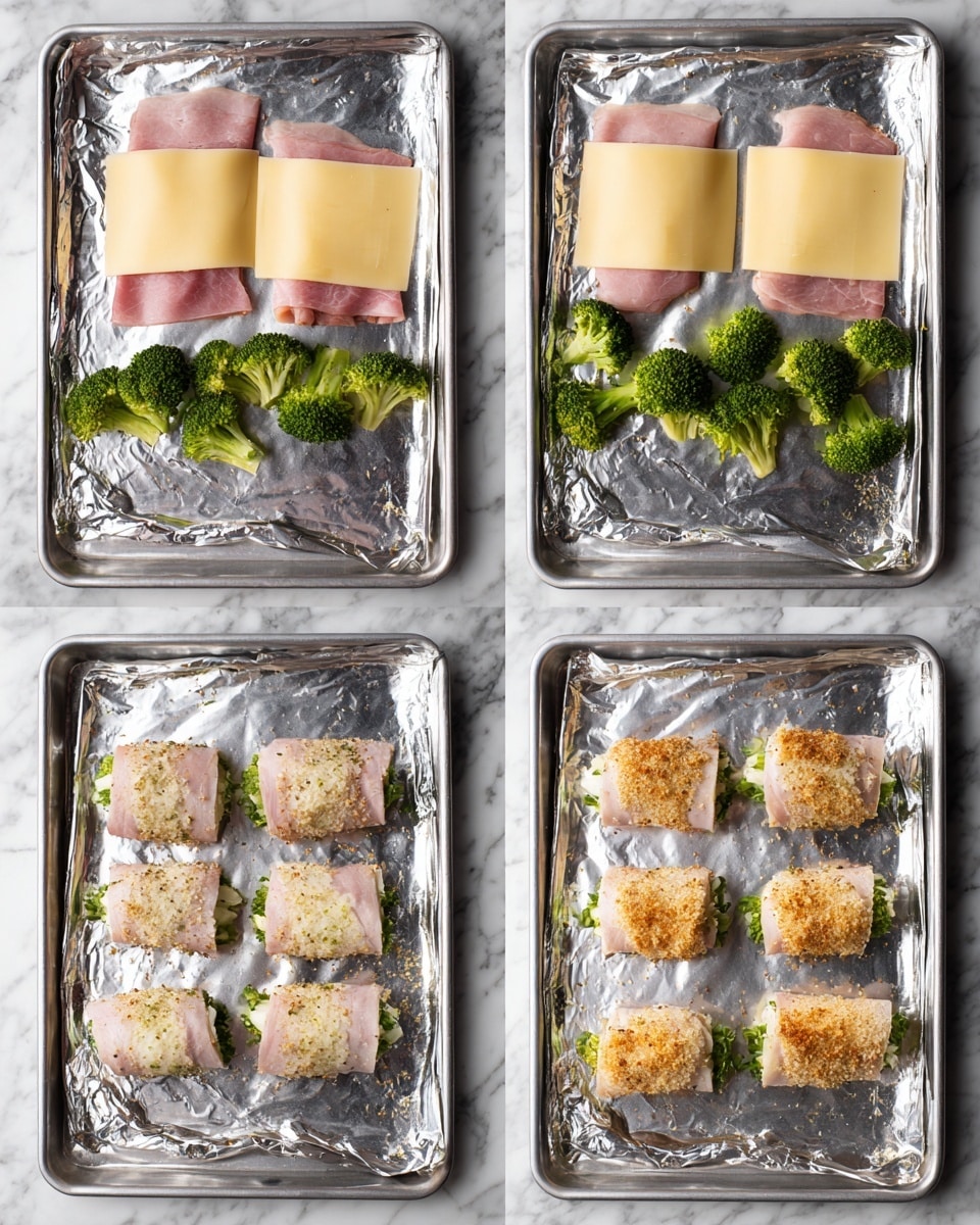 The image shows a step-by-step process of making a rolled dish on a baking sheet covered with foil. The first step has thin, raw pink slices of meat with two pale yellow cheese slices stacked on top, each piece neatly placed on the foil. The second step adds small bunches of bright green broccoli placed on the cheese layers. The third step features the meat slices wrapped around the cheese and broccoli, forming small rolls with some green broccoli peeping out at the ends. The last step shows these rolls covered in a light brown crumb coating, ready for baking, all on the foil-lined surface. The background is a white marbled texture. Photo taken with an iphone --ar 4:5 --v 7