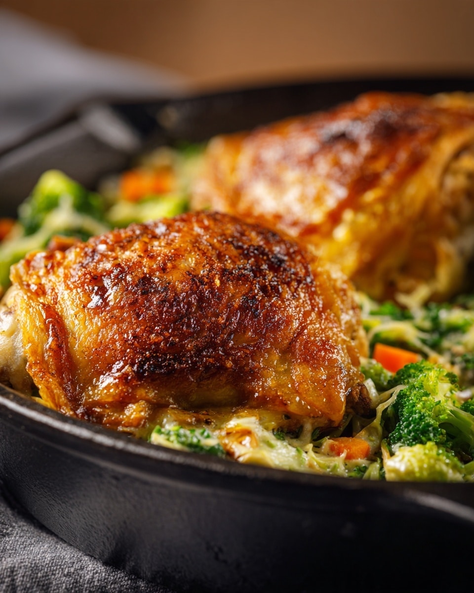 The image shows two golden-brown cooked chicken pieces placed on top of a layer of creamy mixed vegetables with green broccoli florets and small orange carrot pieces. The dish is served in a black cast iron skillet with a white marbled surface underneath. The chicken has a crispy, slightly charred surface with a shiny texture. The creamy vegetables underneath add a soft contrast to the chicken's crusty look. Photo taken with an iphone --ar 4:5 --v 7