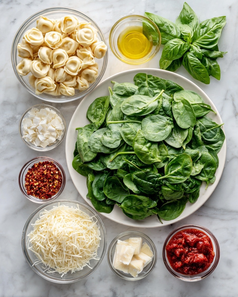 The image shows a white round plate filled with fresh green spinach leaves on the right side. To the left, there is a clear bowl containing uncooked tortellini pasta. In the center, there is a small pile of shredded white cheese. Around these main items, smaller clear bowls and containers hold white minced garlic, beige grated cheese, finely chopped white onions, red crushed tomatoes, red chili flakes, and golden yellow olive oil. A small fresh basil bunch is placed near the center top. The whole scene is set on a white marbled surface. photo taken with an iphone --ar 4:5 --v 7