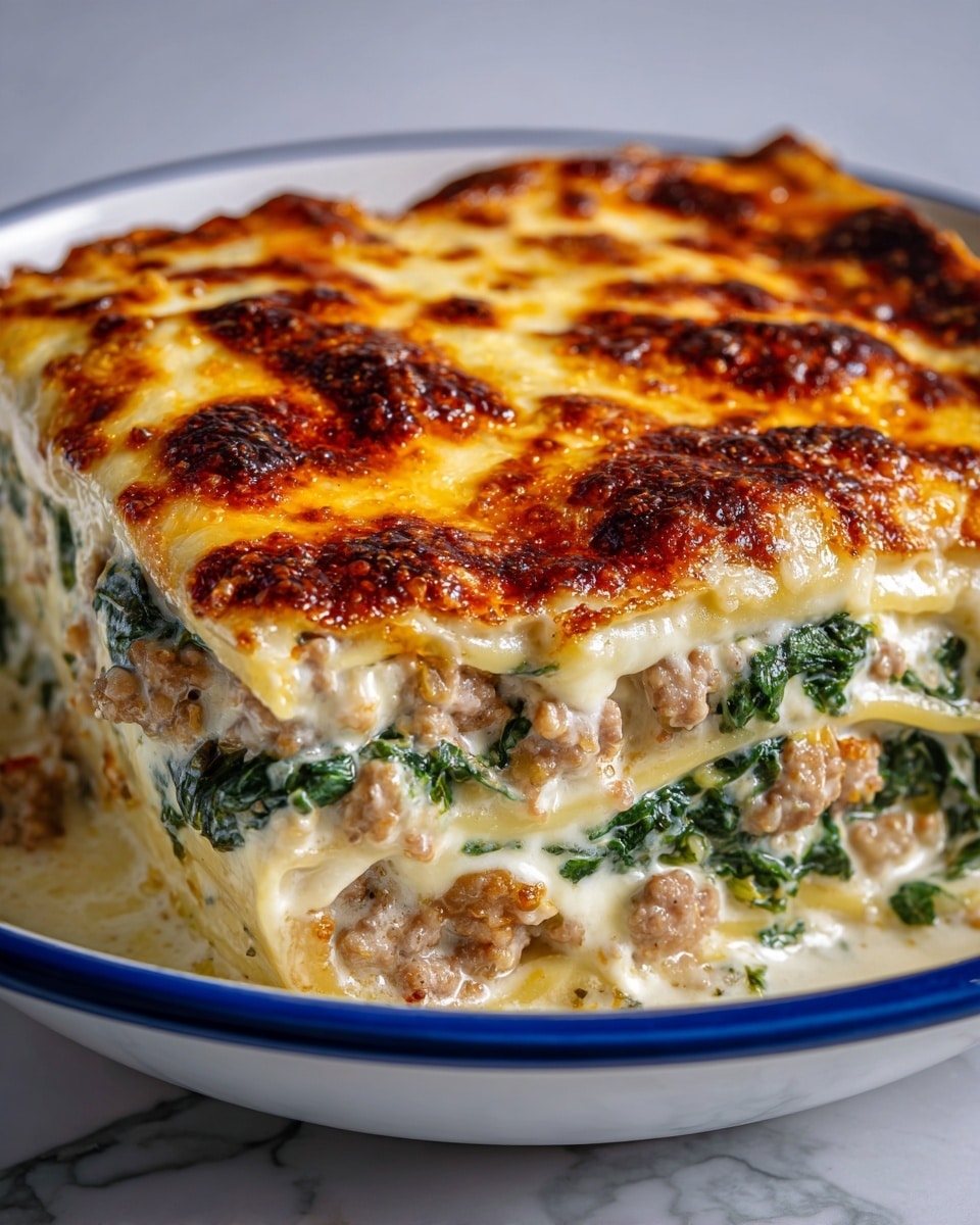 The image shows a close-up of a baked pasta dish in a white bowl with a blue rim, placed on a white marbled texture. The dish has at least three layers: a bottom layer of pasta filled with creamy sauce mixed with small pieces of light-colored meat, a middle layer with wilted green spinach, and a top layer covered with melted and browned cheese, giving it a bubbly and slightly crispy texture with golden and brown spots. The lighting highlights the rich textures of the cheese and pasta. photo taken with an iphone --ar 4:5 --v 7