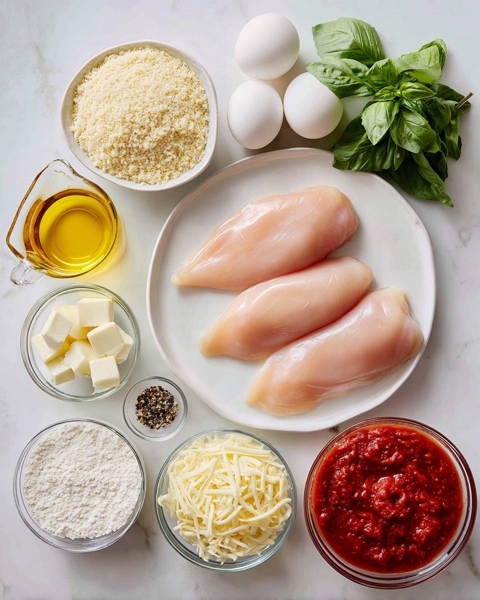 The image shows raw ingredients laid out on a white marbled surface. On the left, there is a white plate with four pale pink raw chicken breasts arranged side by side. Above the plate, there is a glass bowl filled with light beige panko crumbs. To the right of that is a small bunch of fresh green basil leaves. Near the basil, there is a glass bowl with two white eggs. Below the eggs, a small glass bowl contains small white cubes of butter. Next to the butter, a bowl holds shredded pale yellow mozzarella cheese. Below the cheese, another small glass bowl has fine white flour, and beside it is a tiny bowl with clear liquid, likely vinegar. Below the chicken plate, there is a glass measuring cup with golden yellow olive oil. Above the olive oil, there is a glass bowl filled with chunky red tomato sauce. A tiny glass bowl of black pepper and one of white salt sit near the cheese and flour. All items are neat and spaced evenly, placed on a clean white marbled background photo taken with an iphone --ar 4:5 --v 7