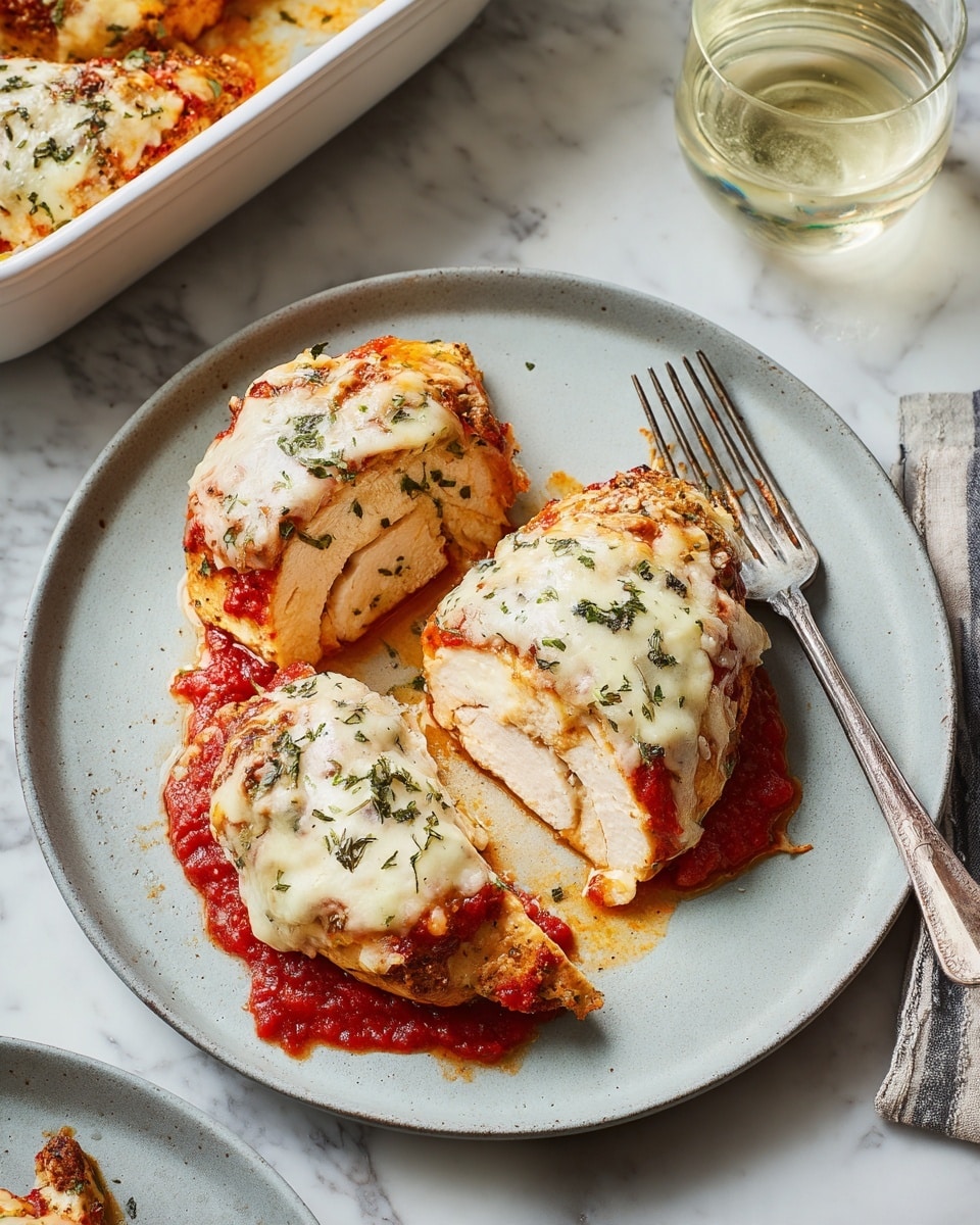 A light gray round plate holds a sliced chicken dish with three visible slices laid out next to an unsliced portion. The chicken is golden brown on the outside with a crispy texture, topped with a layer of melted, slightly browned white cheese and scattered green herbs. Below the cheese is a bright red tomato sauce, adding a smooth, shiny layer. The plate sits on a white marbled surface with a silver fork and knife resting near the chicken slices. A white baking dish with more of the same cheesy chicken and a glass of a light drink are partially visible nearby. photo taken with an iphone --ar 4:5 --v 7