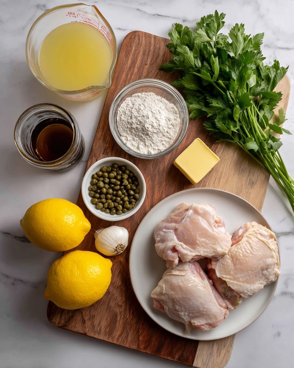 The image shows a wooden board with several ingredients neatly arranged. There are two raw chicken pieces placed on a white round plate on the lower right corner. To the right side is a small stick of yellow butter. Above the chicken is a bunch of fresh green parsley, and next to it is a small white bowl filled with green capers. To the left of the parsley and capers, there is a small white bowl with white flour. Above the flour is a glass measuring cup with pale yellow liquid broth. To the left of the broth is a glass jar with a dark liquid, possibly balsamic vinegar. Two bright yellow lemons are placed side by side on the lower left. A whole garlic bulb is placed between the flour bowl and the butter stick. The whole setup is on a white marbled surface. Photo taken with an iphone --ar 4:5 --v 7