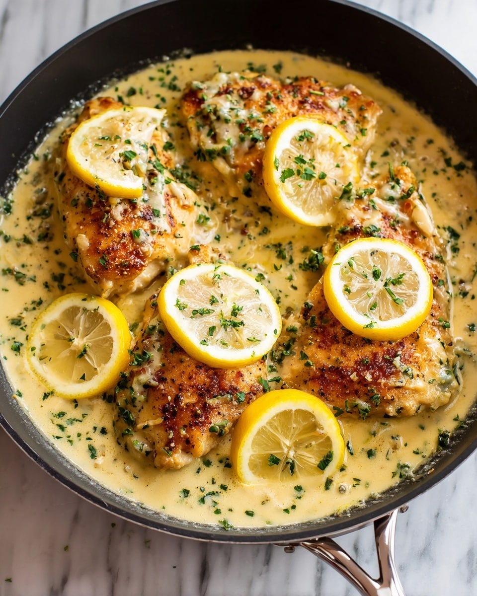 A close-up view of a black skillet filled with four golden brown cooked chicken pieces covered in a thick creamy sauce that is pale yellow with small green herb bits sprinkled on top. Thin slices of bright yellow lemon are placed between the chicken pieces, and finely chopped green herbs are scattered all over the dish. The skillet is sitting on a white marbled surface, and the shiny silver handle is visible on the side. Photo taken with an iphone --ar 4:5 --v 7