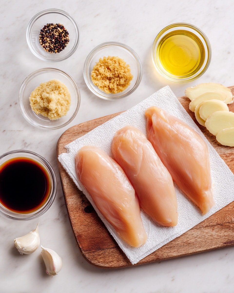 The image shows four raw chicken fillets neatly placed side by side on a white paper towel, which sits on a wooden cutting board. Surrounding the board are small glass bowls with different ingredients, including black pepper, minced ginger, light brown liquid, pale yellow liquid, and dark brown soy sauce. There are also two peeled garlic cloves and some sliced white pieces on the board. The scene is set on a white marbled surface. photo taken with an iphone --ar 4:5 --v 7