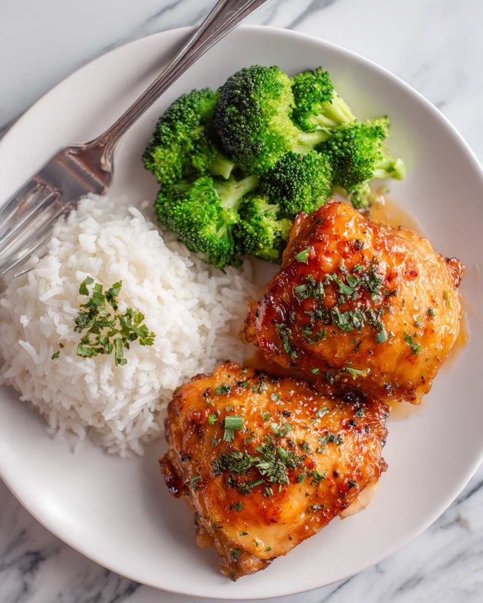 The image shows a white plate with two golden brown glazed chicken pieces covered in a shiny sauce and sprinkled with chopped green herbs. The chicken is placed on the right side of the plate. Next to the chicken, on the left side, there is a scoop of white rice and a small bunch of bright green broccoli florets. The white marbled surface is visible under the plate. A woman's hand holds a silver fork near the top left of the plate. photo taken with an iphone --ar 4:5 --v 7