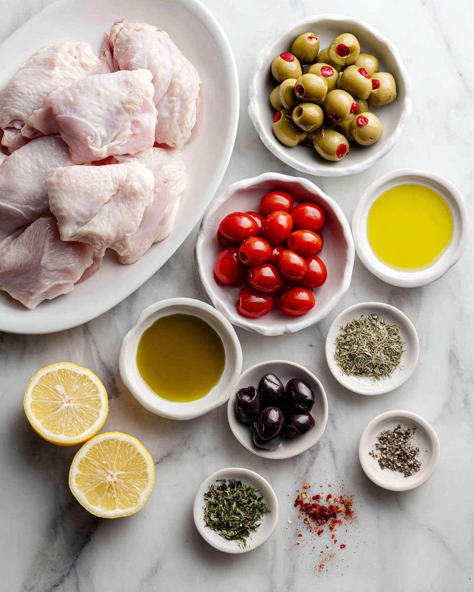 The image shows several white dishes arranged on a white marbled surface with raw chicken pieces placed on a white round plate on the left side. Around it are small white bowls containing green olives stuffed with red pimentos, black olives, bright red cherry tomatoes, small green capers, golden olive oil, bright yellow lemon halves, and small piles of black pepper and dried herbs. The layout is clean and bright, with the colors of the ingredients standing out against the white dishes and marbled background. photo taken with an iphone --ar 4:5 --v 7