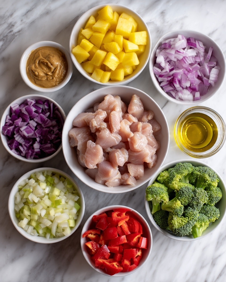 The image shows many small white bowls and one large white bowl on a white marbled surface. The large white bowl in the center holds pieces of raw light pink chicken. Surrounding it are smaller white bowls filled with bright yellow pineapple chunks, chopped red bell peppers, green broccoli florets, chopped purple onions, minced garlic, light brown peanut butter, golden honey, and a few other ingredients with colors like dark brown, light yellow, and white. A clear glass container with golden oil is also present, all neatly arranged in a circle. The photo was taken with an iphone --ar 4:5 --v 7