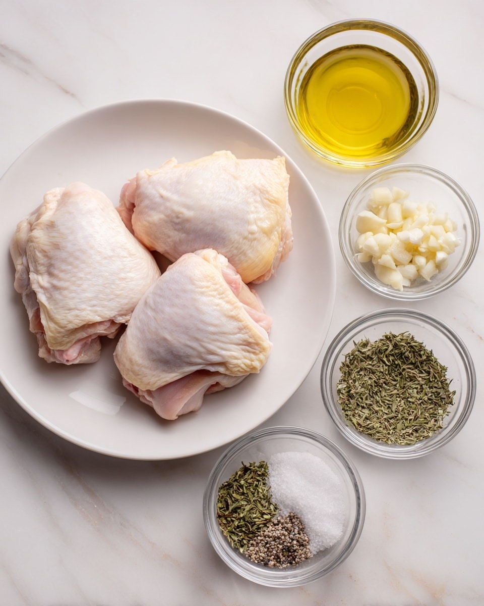 Two raw chicken thighs with skin sit next to each other on a white plate, showing a pale pink and light yellow color. To the right of the plate, six clear glass bowls are arranged on a white marbled surface: the top bowl contains golden olive oil, the second has dried green herbs, the third holds small minced garlic pieces, the fourth contains coarse white salt, and two bowls at the bottom have cracked black pepper and more dried green herbs. All items are neatly spaced and clearly visible, photo taken with an iphone --ar 4:5 --v 7