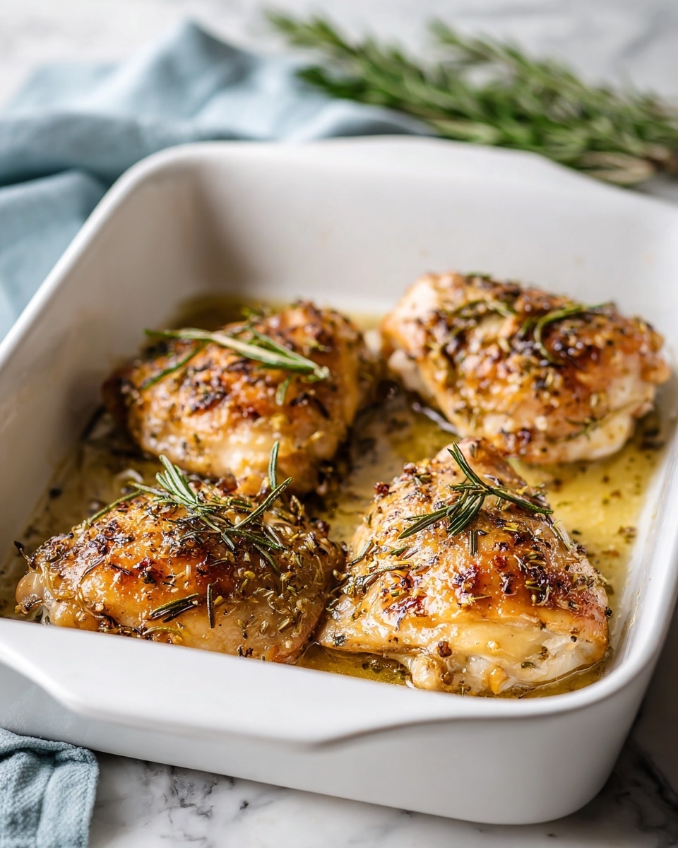 The image shows four golden-brown baked chicken pieces inside a white rectangular baking dish. Each piece has a slightly crispy texture with small herbs like rosemary scattered on top and a light sheen of cooked juices. The dish sits on a white marbled surface, and in the background, there is a blurred soft blue cloth and a sprig of fresh rosemary. The chicken looks juicy and well-seasoned. photo taken with an iphone --ar 4:5 --v 7