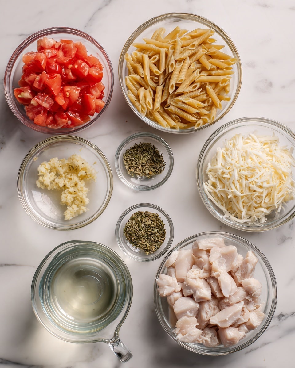 The image shows seven clear glass bowls arranged on a white marbled surface. The largest bowl holds small white chunks of raw chicken in the bottom right. Above it, a bowl contains shredded white cheese with a soft texture. To the left of that, a bowl is filled with chopped red tomatoes. Above the bowls of tomatoes and chicken is a bowl with light yellow uncooked pasta, which has a rough texture. Scattered around the center are four smaller bowls: one with crushed garlic that is pale yellow, one with clear water in a small pitcher, one with green dried herbs, and another that is empty or filled with a clear liquid. The colors are soft and natural. photo taken with an iphone --ar 4:5 --v 7