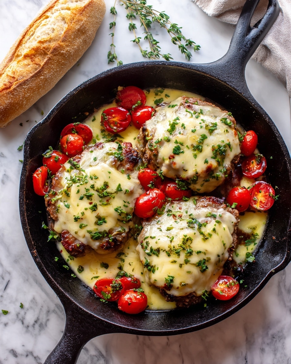 In a black cast iron skillet on a white marbled surface, there are three thick cooked pieces of meat each covered with a melted pale yellow cheese layer that has browned slightly in spots; the cheese layers sit on top and stretch slightly between pieces. Scattered on and around the meat and cheese are bright red cherry tomato halves, adding a fresh and juicy contrast. Small pieces of chopped green herbs are sprinkled evenly over all the layers, giving a fresh touch of color. To the left of the skillet, there is a piece of baguette bread with a light brown crust. The whole scene is well lit, showing glossy textures and fresh ingredients. photo taken with an iphone --ar 4:5 --v 7