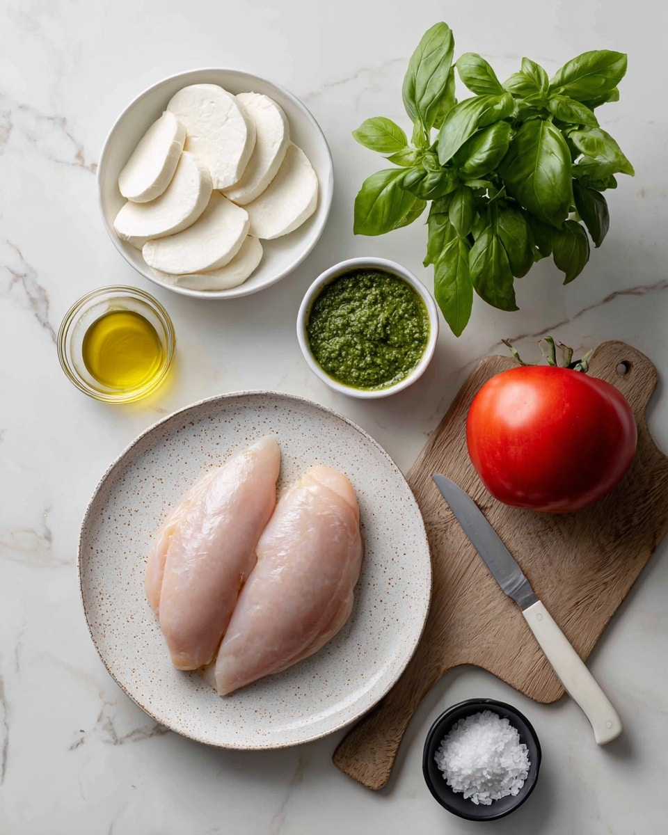 The image shows the ingredients for a fresh meal arranged on a white marbled surface. In the center, two raw chicken pieces with a smooth, pale pink texture rest on a white speckled plate. Above the plate to the left, there is a white bowl with several slices of white mozzarella cheese, smooth and round. Near it is a small white container filled with bright green pesto sauce, thick and textured. To the left of the pesto, a small clear glass container holds golden yellow olive oil. On the upper right, a bunch of fresh green basil leaves with a smooth, glossy texture stands upright. Below the basil, a wooden cutting board holds one large, smooth red tomato, and next to it is a sharp knife with a white handle. Finally, at the bottom right, a small black bowl contains white coarse salt. The whole setup is clean and bright, beautifully arranged for cooking photo taken with an iphone --ar 4:5 --v 7