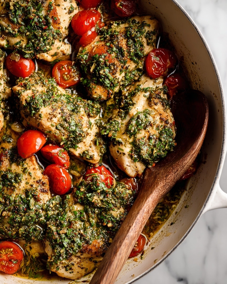 The image shows a close-up of a white pan filled with cooked chicken pieces. Each piece is topped with a thick green herb mixture, which looks textured and fresh. Bright red cherry tomato halves are scattered on top, some resting on the herb layer and others on the chicken. The chicken pieces are light golden brown with a slightly rough surface. A wooden spoon rests inside the pan near the chicken. The background surface is white marble. photo taken with an iphone --ar 4:5 --v 7