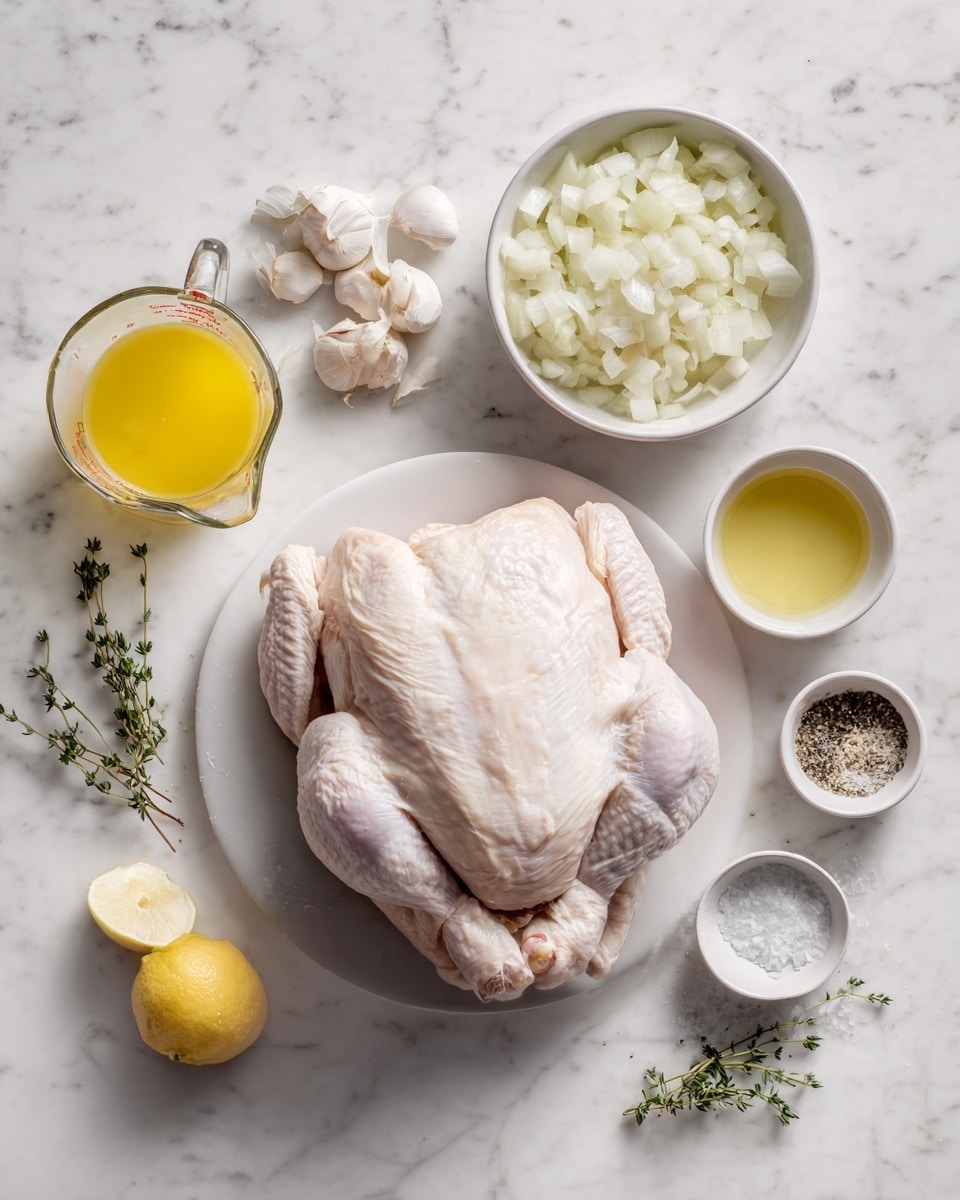 The image shows a whole raw chicken placed centered on a white marbled surface. Above the chicken, slightly to the left, there is a white bowl filled with roughly chopped onion pieces. Near the chicken’s lower left side, a small white bowl holds garlic cloves, and to its lower right, another small white bowl contains a yellow liquid, likely oil. A clear measuring cup with yellow liquid, probably broth, is positioned to the left of the chicken. On the top right side of the chicken, there are small white dishes containing coarse salt and ground black pepper, and fresh green herbs, possibly thyme, are placed nearby. A lemon cut in half lies at the bottom left corner. The arrangement is neat and ingredients are ready for cooking photo taken with an iphone --ar 4:5 --v 7
