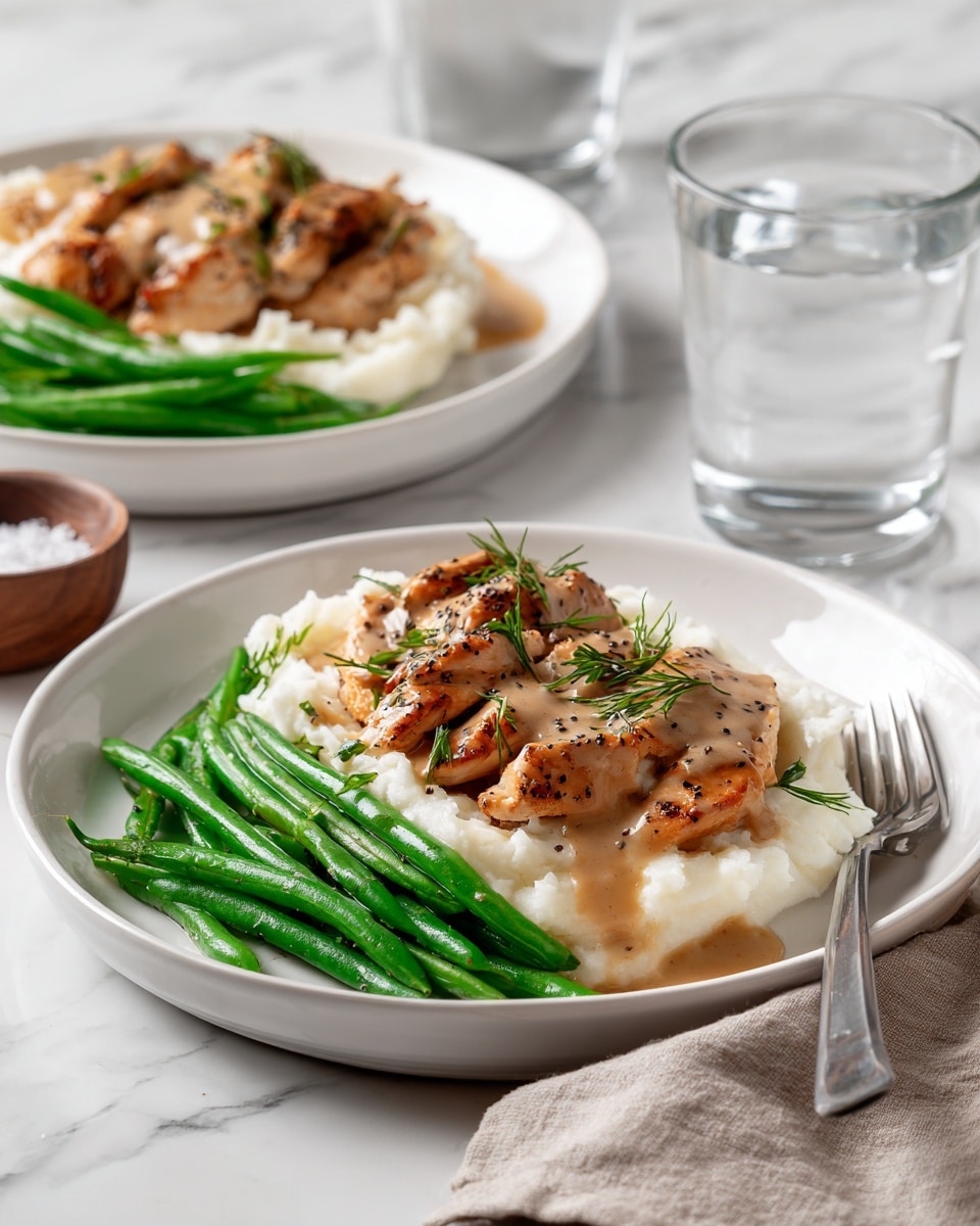 Two white plates sit on a white marbled surface. Each plate has three main layers: bright green whole green beans at the bottom, topped with a thick, smooth layer of white mashed potatoes with a creamy texture, and on top are grilled chicken pieces covered in a light brown sauce with visible small green herbs and black pepper specks. The sauce flows slightly over each layer. There is a small bowl with salt and pepper near the plates, a clear glass of water, and a silver fork resting on the right side of the bottom plate with a beige cloth napkin nearby. photo taken with an iphone --ar 4:5 --v 7
