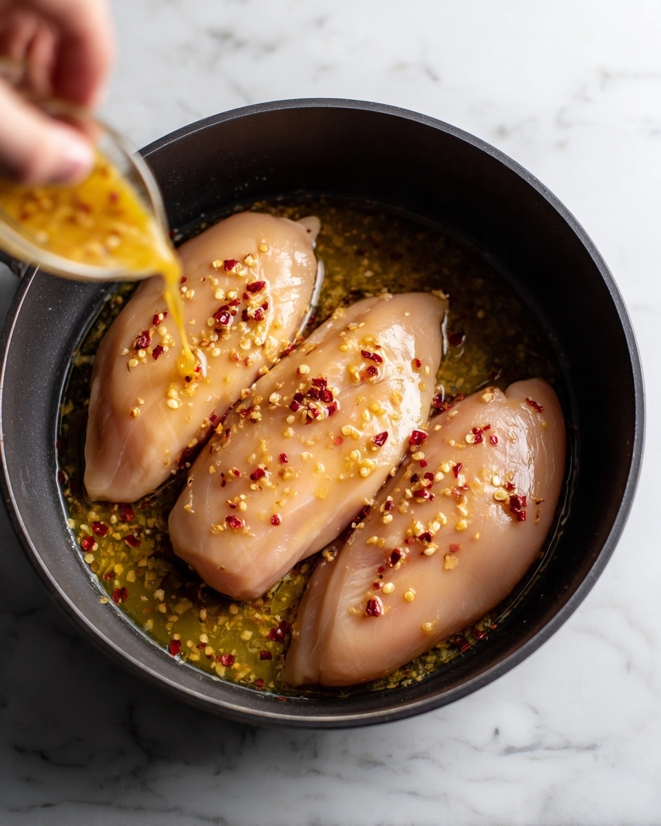 The image shows three whole raw chicken breasts placed side by side inside a black cooking pot. A woman's hand is pouring a golden sauce with visible red chili flakes over the chicken, creating a shiny, wet texture on the meat. The chicken has a smooth, pale pink color, and the sauce adds a glossy and slightly textured layer on top. The pot and chicken are set on a white marbled surface. photo taken with an iphone --ar 4:5 --v 7