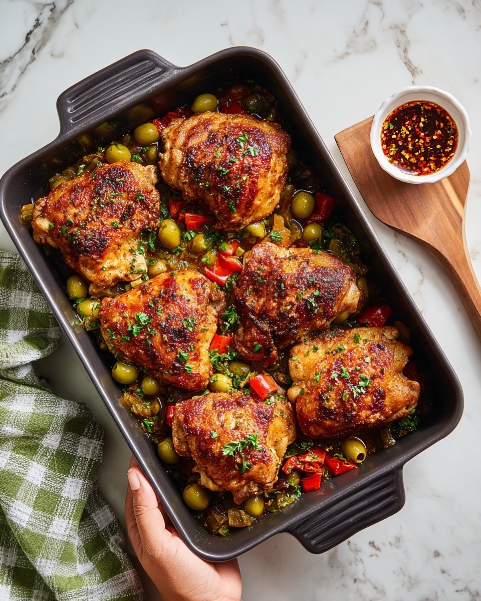 A black rectangular baking dish holds six pieces of cooked chicken with golden brown and crispy skin. Under the chicken, there is a layer of green olives mixed with small pieces of red bell pepper and chopped green herbs. The dish sits on a white marbled surface with a small white bowl of spicy sauce and a wooden spatula on the right side. A woman's hand holds the dish from the left corner, and a green and white checkered cloth is partially visible at the top left. Photo taken with an iphone --ar 4:5 --v 7