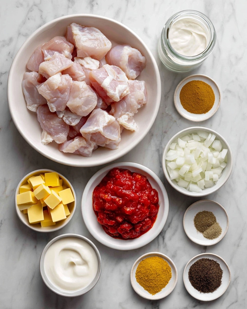 The image shows a white marbled surface with neatly arranged white bowls and a small glass jar, each filled with different cooking ingredients. There is a large white bowl filled with pieces of raw light pink chicken, a small glass jar with white cream, a small round white bowl with yellow squares of butter, a white bowl with diced white onions, another white bowl full of bright red crushed tomatoes, a small white bowl holding sour cream or yogurt, and four small white plates with various spices and yellow mustard. The spices are brown, dark brown, black, and yellow in color. All items are spaced apart evenly on the white marbled background. Photo taken with an iphone --ar 4:5 --v 7