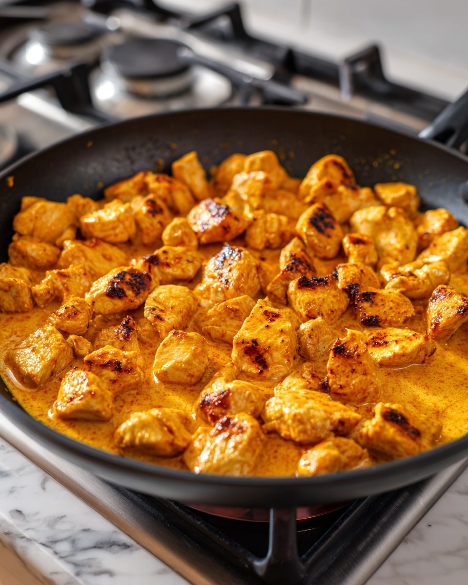 The image shows a black frying pan filled with many small, cooked chicken pieces in a thick orange sauce. The chicken pieces are golden-brown with some darker grilled spots on top. The sauce looks creamy and covers the chicken evenly, with a smooth texture. The background has a white marbled surface, and part of a stove with metallic burners is visible in the blurry background. photo taken with an iphone --ar 4:5 --v 7