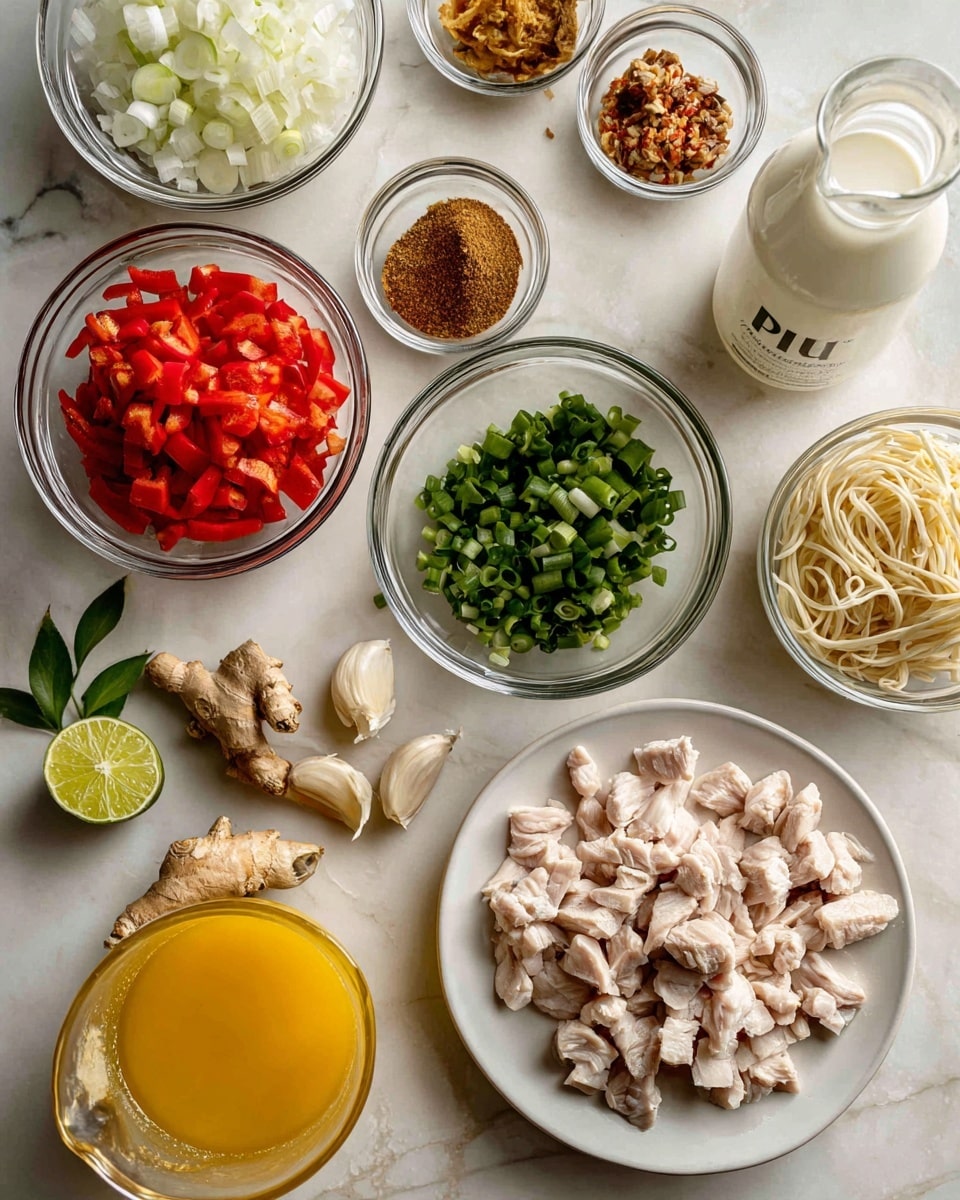 The image shows various ingredients laid out on a white marbled surface, arranged neatly in glass bowls and plates. In the bottom right corner, there is a white plate filled with small pieces of diced chicken, light pink in color with a smooth texture. To the left of that plate, there are three cloves of garlic with a light tan skin, and above them is a bowl with finely diced red bell peppers, bright and shiny. Above that bowl is one with chopped green onions, vibrant green and fresh. To the top left is a bowl filled with finely chopped white onions with a translucent, slightly shiny look. Next to it are two smaller bowls, one containing a reddish-brown paste and the other a light brown powdery spice. There is a glass bowl of a white liquid, likely coconut milk, to the right. Near the bottom left is a glass jug of orange-yellow broth and a small pile of thin white noodles beneath it. There are also some fresh lime halves and a couple of sliced and whole ginger roots with a yellow inside and bumpy light brown skin. Some coriander leaves add a fresh, dark green touch near the top left. The light is soft and natural, and the ingredients are sharply in focus. Photo taken with an iphone --ar 4:5 --v 7