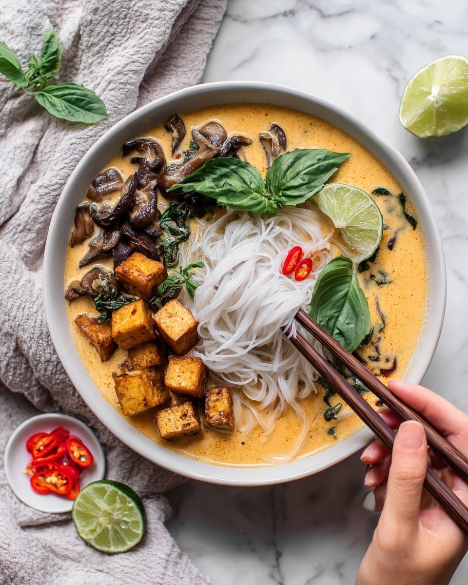 A bowl filled with creamy orange soup, showing multiple layers and ingredients. The soup is topped with light brown tofu cubes on the left side, dark mushrooms scattered around, and fresh green basil leaves on top and to the right. In the middle, there is a pile of white rice noodles being lifted by brown chopsticks from a woman's hand at the bowl's edge. Sliced green lime wedges and small red chili slices float on the right side of the soup. The bowl is white and placed on a white marbled surface with a light gray cloth nearby. A green lime and lime wedge rest below the bowl with a small white plate of sliced red chili next to it. Photo taken with an iphone --ar 4:5 --v 7