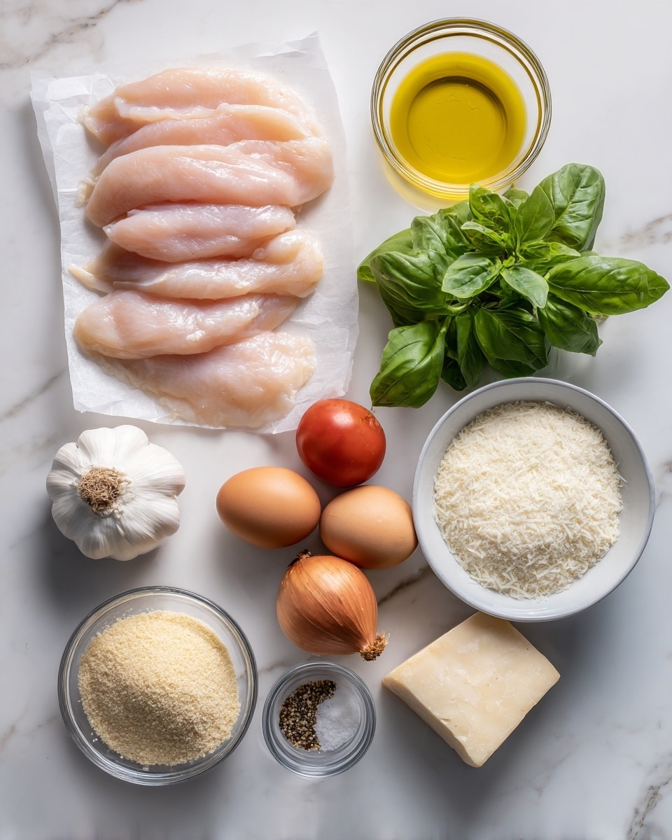 The image shows ingredients for cooking arranged neatly on a white marbled surface. On the left side, there are five thin raw chicken slices stacked in a row on white paper. To the right, a small bunch of fresh green basil leaves is placed near a clear bowl of golden yellow olive oil. Nearby, a bulb of garlic sits close to a white shaped block of mozzarella cheese, and a bright yellow can of crushed tomatoes stands upright behind them. Below the basil and garlic, there is a medium brown whole onion and a small clear bowl of granulated seasoning. Two brown eggs rest near a bowl of white flour and a bowl of light brown breadcrumbs. Finally, a piece of pale yellow parmesan cheese with a slightly rough edge lies next to the flour bowl. The whole scene is lit softly. Photo taken with an iphone --ar 4:5 --v 7