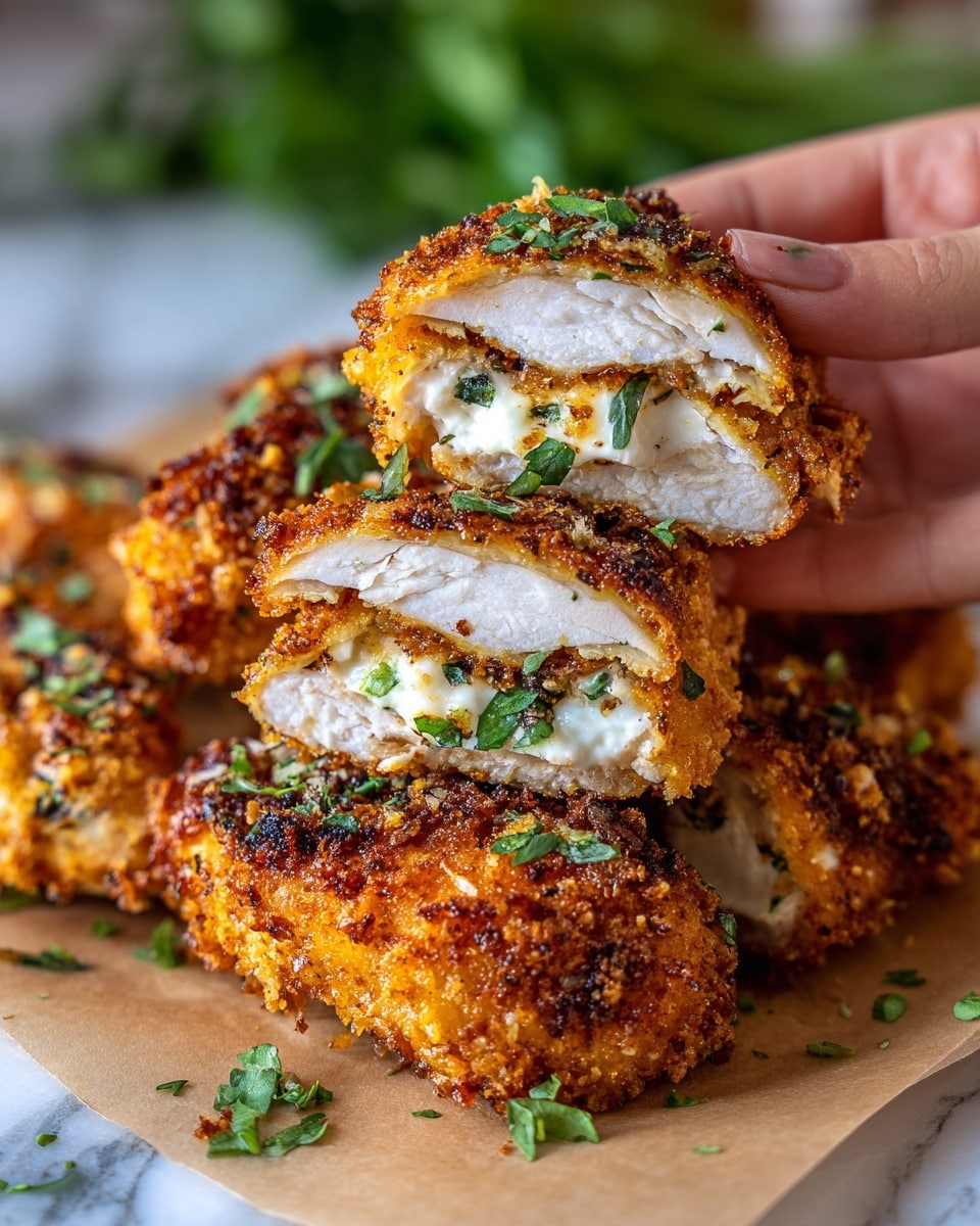 The image shows a close-up of several slices of crispy fried chicken stuffed with white cheese and green herbs inside. The chicken pieces have a golden-brown, crunchy outer layer with scattered green herb leaves on top. The white cheese inside is soft and slightly melted, layered between the crispy chicken. The slices are arranged on a light brown paper on a white marbled surface with some fresh green herbs placed in the background. A woman's hand is seen holding one piece on the side. Photo taken with an iphone --ar 4:5 --v 7