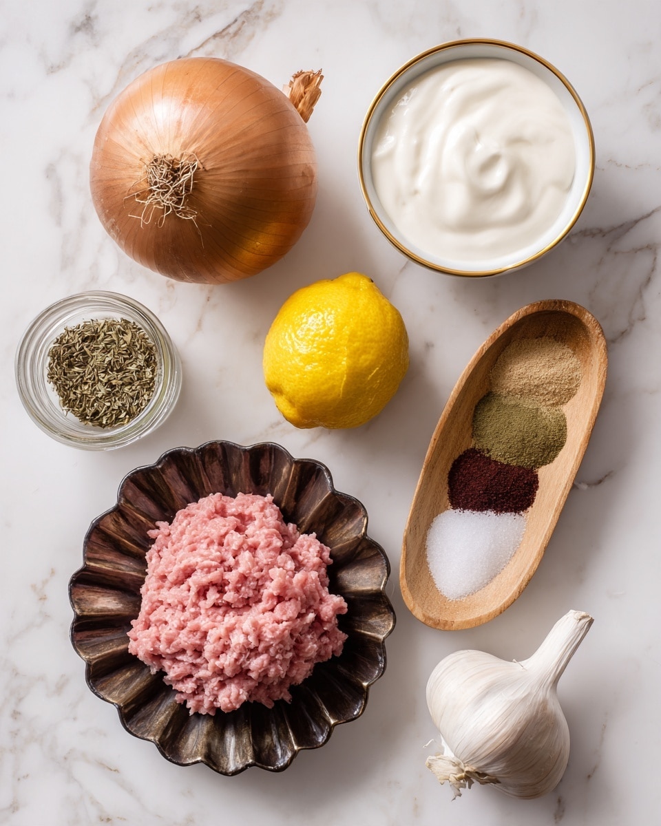 The image shows a collection of ingredients arranged on a white marbled surface. There is one whole brown onion with its papery skin intact on the left side near the top. To the right of the onion is a bright yellow lemon. Below the lemon, a small white bowl with a gold rim holds a smooth white yogurt. In front of the yogurt bowl, there is fresh pink minced meat placed in a dark fluted dish. To the right of the meat is a bulb of garlic with a single garlic clove separated and lying next to it. Above the meat and garlic, a small oval wooden dish contains five sections of spices and salt in neat, colorful layers of black, brown, green, reddish brown, and white. Near the onion, there is a small glass jar filled with dried herbs. The ingredients are organized clearly to show textures and colors against the patterned background. photo taken with an iphone --ar 4:5 --v 7