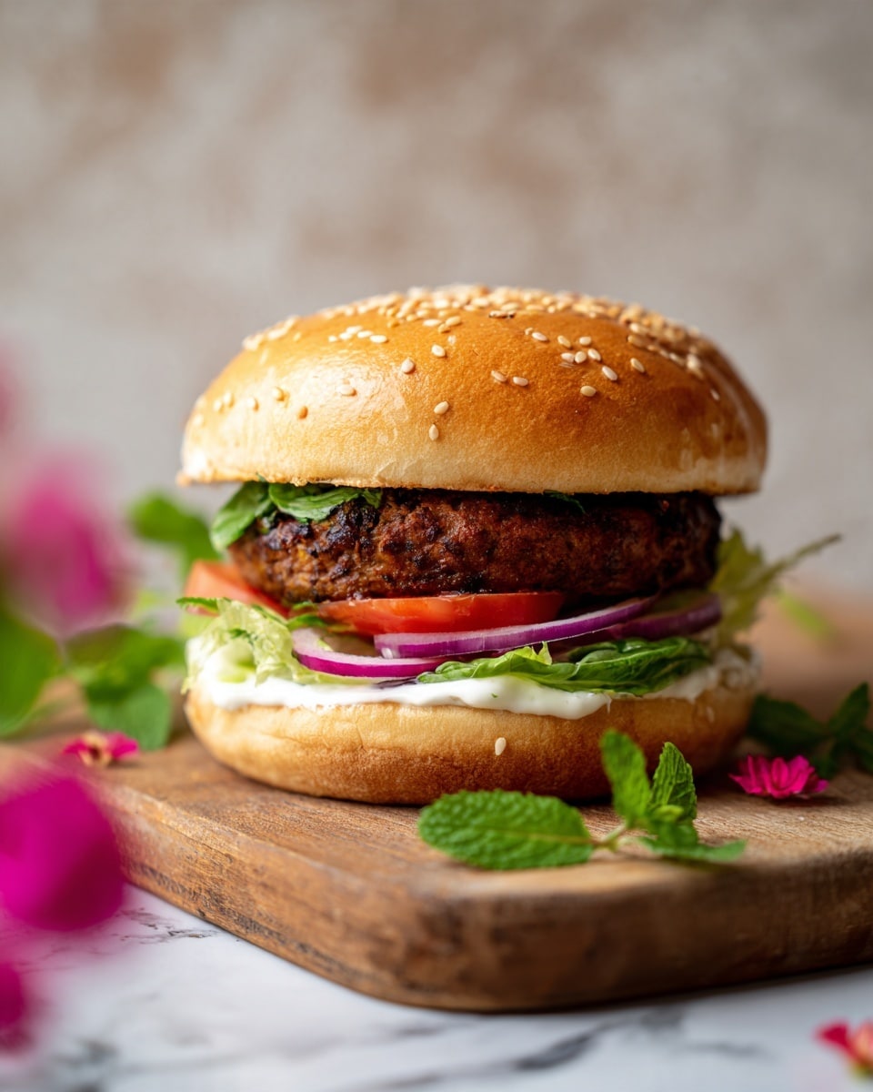 The image shows a close-up view of a small burger on a wooden board with a white marbled surface underneath. The burger has a sesame seed bun on top that is lightly golden and shiny. Below the bun, there is a thick, brown patty with a slightly crispy outside. Under the patty, there are fresh green mint leaves and thinly sliced red onions and tomatoes visible. A creamy white sauce spreads under the tomato layer. On the wooden board near the burger, there are a few small pink flower petals and green mint leaves placed decoratively. The photo taken with an iphone --ar 4:5 --v 7