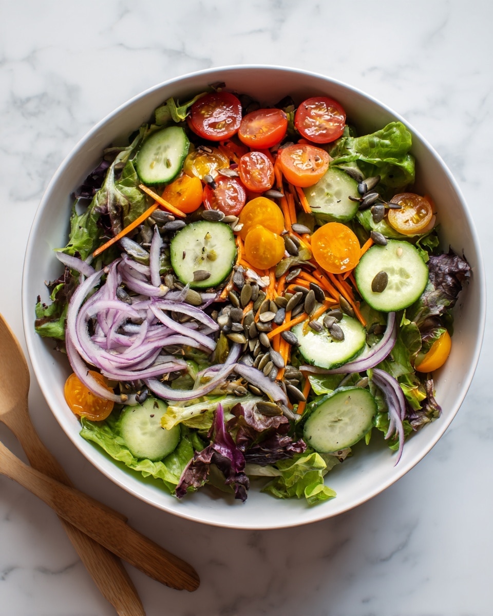 A fresh salad is shown in a white round bowl filled with multiple layers: the bottom layer is a mix of light and dark green leafy lettuce, topped with thin slices of cucumber, halved small red cherry tomatoes, thin orange carrot strips, and thin rings of purple onion scattered evenly. Small light brown sunflower seeds are sprinkled over the salad, adding texture. The bowl is placed on a white marbled surface, and a pair of light wooden salad tongs is partially visible at the bottom left. Photo taken with an iphone --ar 4:5 --v 7