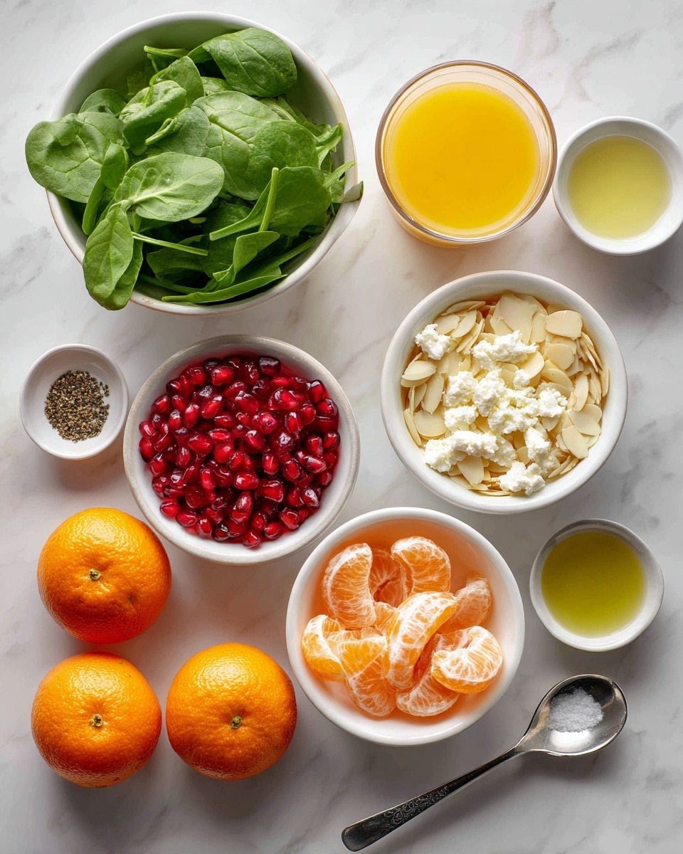 The image shows several small white bowls and a white marbled surface with fresh ingredients arranged neatly. At the top left is a bowl filled with fresh green spinach leaves, next to it on the right is a glass cup of orange juice. Below the spinach is a bowl with bright red pomegranate seeds, and next to it on the right is a bowl with white crumbly cheese. Below the pomegranate is a bowl containing pale slivered almonds and next to it is a bowl with a yellow liquid, likely olive oil. Around these bowls are three whole bright orange mandarins on the left and peeled mandarin slices in neat rows below them. At the bottom is a small ladle with a light yellow sauce, a small bowl with black pepper, and a bowl with a translucent light green liquid. Everything is set on a clean white marbled background photo taken with an iphone --ar 4:5 --v 7